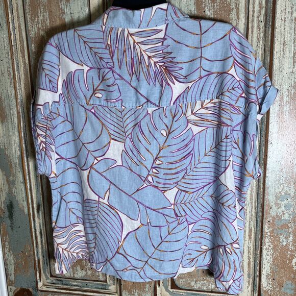 Cynthia Rowley Linen Blue Tropical Leaf Shirt Size L - Picture 7 of 9